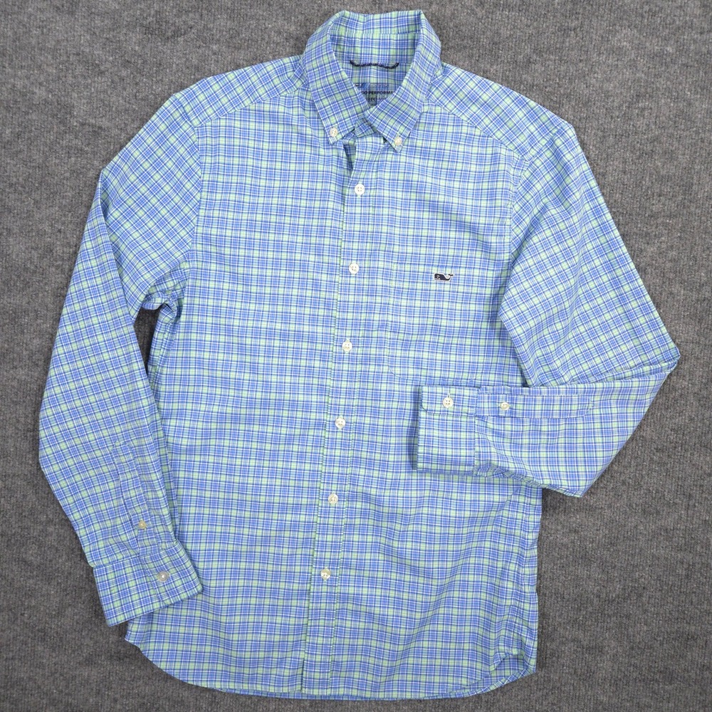 Vineyard Vines On The Go Performance Shirt Mens XS Blue Plaid OTG Long Sleeve